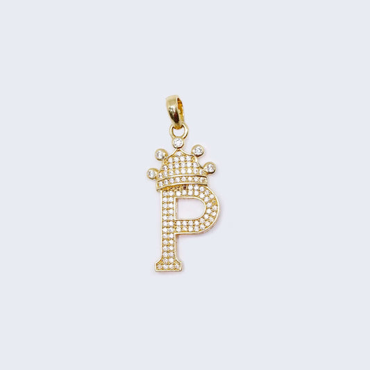 14K Gold Crowned Initial Alphabet Letter “P” Cubic Zirconia Stone Pendant Charm