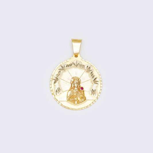 14K Religious Saint Barbara Ruby Round Medallion Pendant