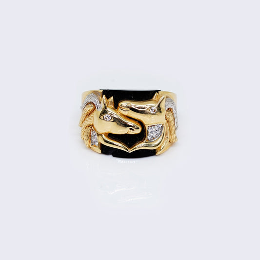 14K Gold Two Horses Ring with Zirconia Stones