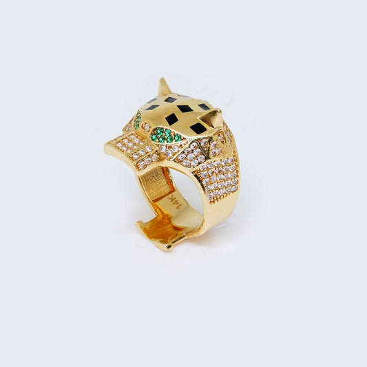 14K Gold Leopard Opened Mouth Ring Cubic Zirconia