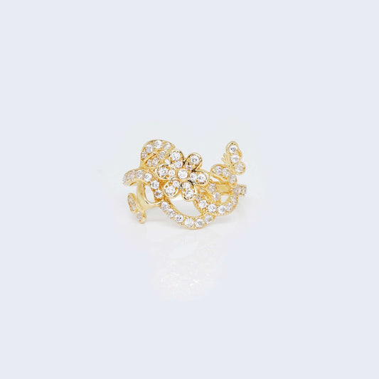 14K Gold Flowers and Butterflies Ring with Cubic Zirconia