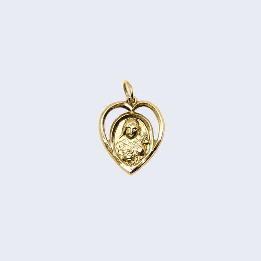 14K Gold Heart Hollow Virgin Mary Pendant Charm