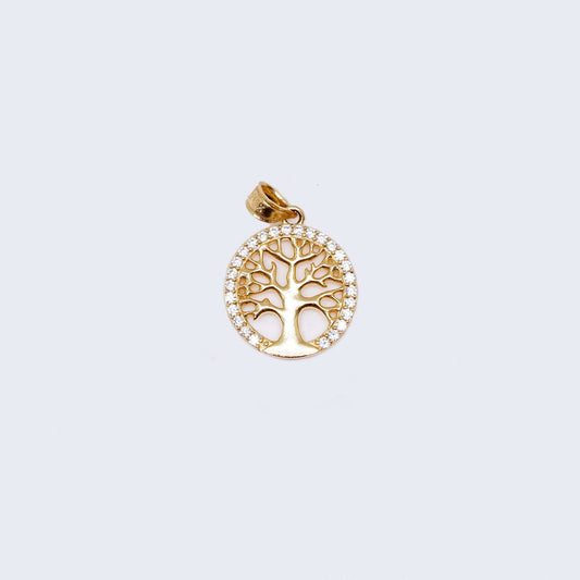 14K Gold Circle Lucky Tree with Cubic Zirconia Stones Pendant Charm