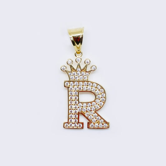 14K Cubic Zirconia "R" Initial Gold Crown Charm