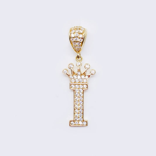 14K Cubic Zirconia "I" Initial Gold Crown Charm