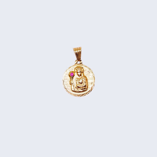 14K Gold Round Saint Barbara with Cubic Zirconia Stone Pendant Charm