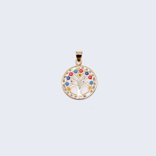 14K Gold Circle Blue and Red Lucky Tree with Cubic Zirconia Stones Pendant Charm