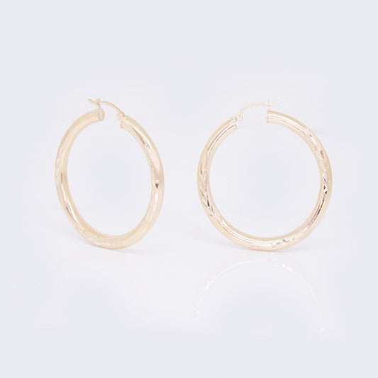 14K Leaf Textured Thick Tube Hoops 25mm/35mm/40mm