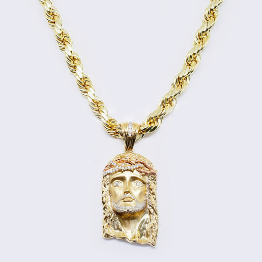 14K Yellow Gold Cubic Zirconia Jesus Head Pendant with Rope chain