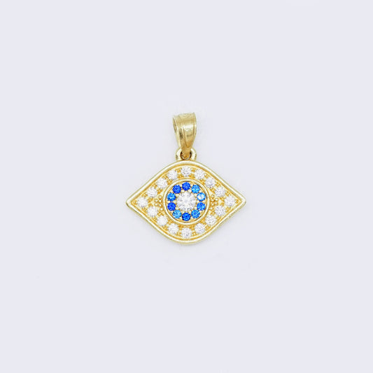 14K Solid Gold Evil Eye Pendant with Blue and White Cubic Zirconia