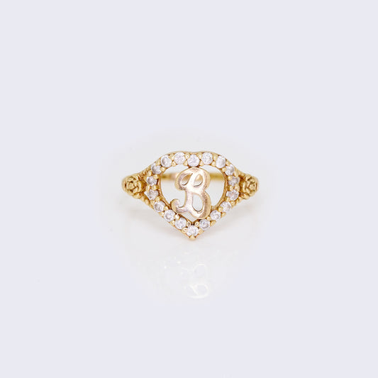 10k Gold Heart Shape Letter 'B' Initial Cubic Zirconia Ring