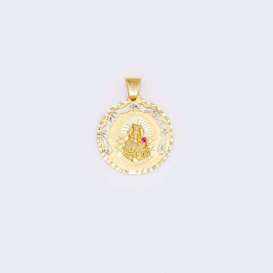 14K Yellow Gold Religious Saint Barbara Ruby Round Medallion Pendant