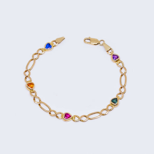 14K Gold Hollow Link Bracelet with Colorful Cubic Zirconia Heart Stones