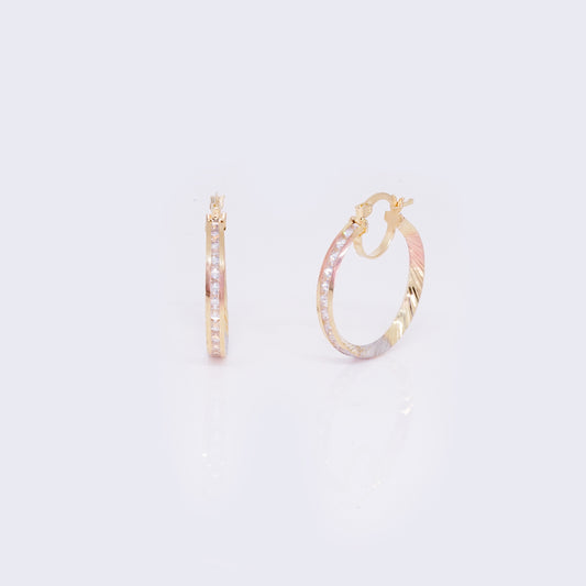 14K Tri-color Textured CZ Hoop 25mm