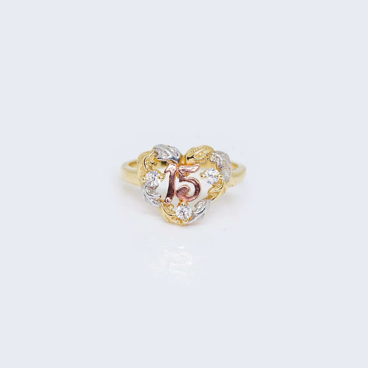 14K Gold Sweet “15” Leaf Ring with Cubic Zirconia Stones