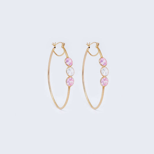 14K Gold Pink & Silver Cubic Zirconia Hoop Earrings