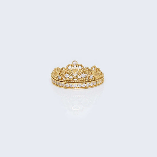 14K Gold Tiara with Hearts Ring Cubic Zirconia Stones