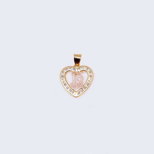 14K Gold Heart "15 Años" sweet 15th with Cubic Zirconia Stones Pendant Charm