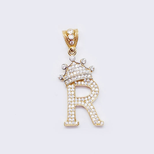 14K Cubic Zirconia "R" Initial Gold Crown Charm