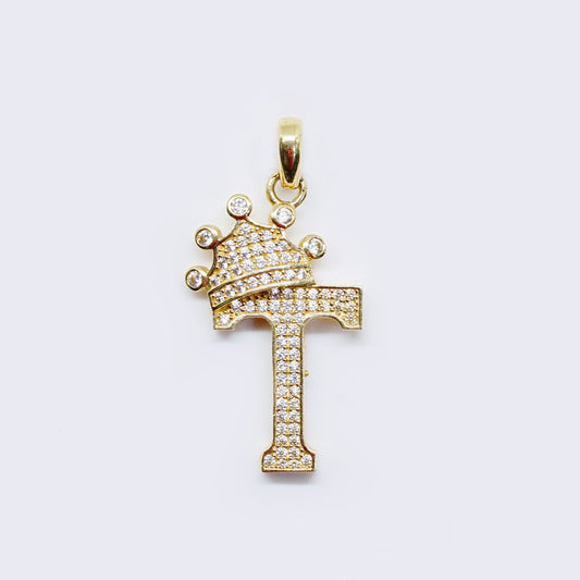 14K Cubic Zirconia "T" Initial Gold Crown Charm