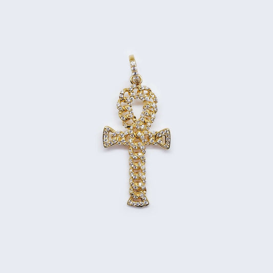 14K Ankh Cross Charm W/ Flower Design W/ Cubic Zirconia Stones