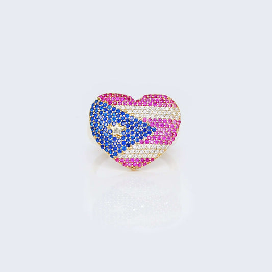 14K Gold Puerto Rico Flag Heart Ring with Cubic Zirconia