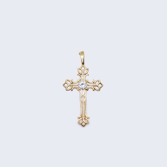 10K Gold Hollow Cross with Cubic Zirconia Stone Pendant Charm