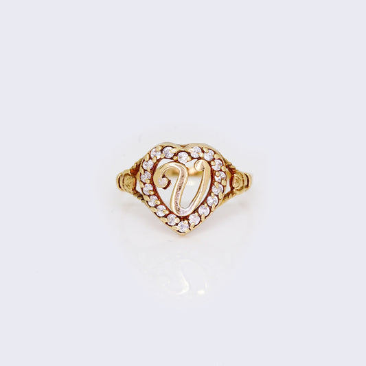 10k Gold Heart Shape Letter 'V' Initial Cubic Zirconia Ring