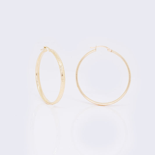 14K  Rhombus Textured tube Hoops 37mm