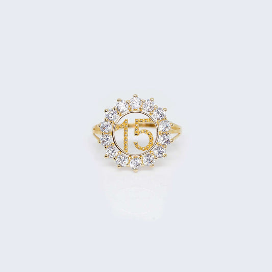 14K Gold Sun Design Sweet 15 Ring with Cubic Zirconia