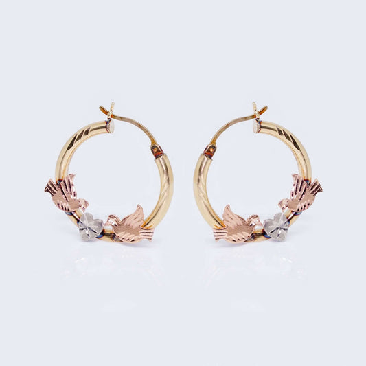 14K Gold Three Tones Loved Birds Hoop Earrings