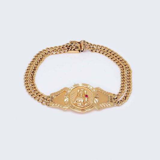 14K Solid Gold Saint Barbara Bracelet Two Cuban Chain Link