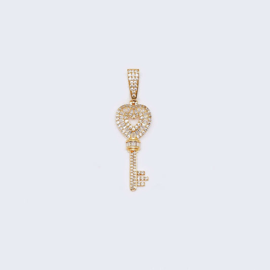 14K Gold Heart Key Cubic Zirconia Pendant Charm