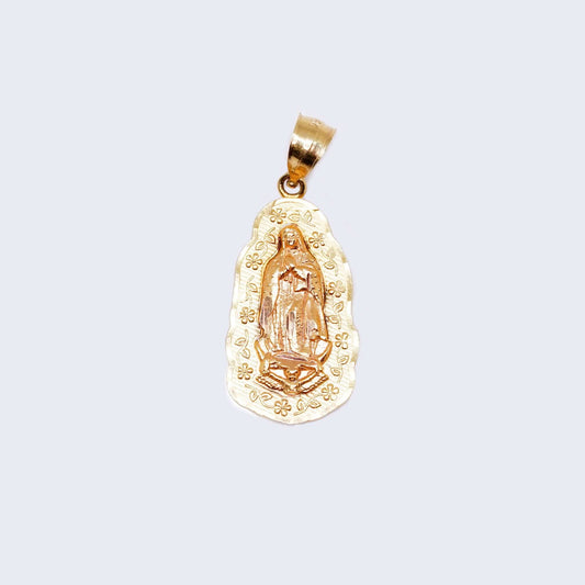 14K Gold Virgen de Guadalupe with Flowers Pendant Charm