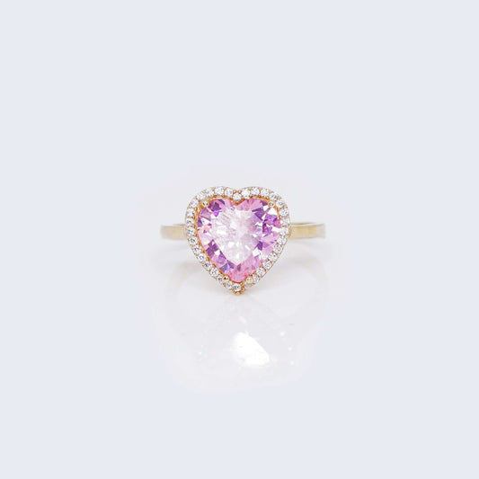 14K Gold Princess Pink Big Heart Cubic Zirconia Stones Ring