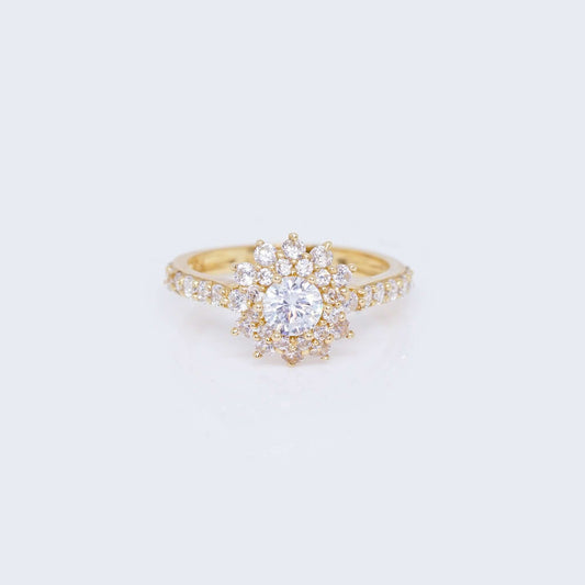 14K Flower Sun Design Engagement Ring with Cubic Zirconia