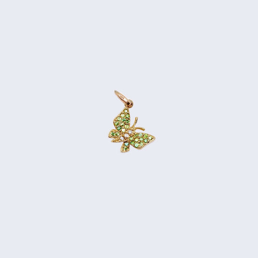 10K Gold Butterfly Pendant Charm with Lime Green & White stones