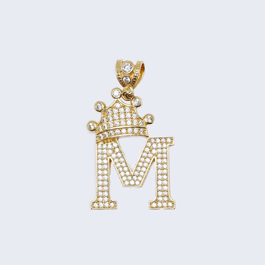 14K Gold Crowned Initial Alphabet Letter “M" Cubic Zirconia Stone Pendant Charm