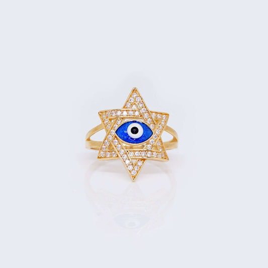 14K Gold Star Design Evil Eye Ring with Cubic Zirconia Stones