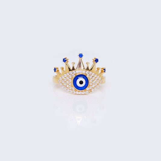 14K Gold Crown Evil Eye Ring Cubic Zirconia Stones