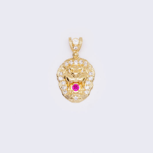 14K Gold Simulated Diamond And Ruby Lion Face Charm Pendant