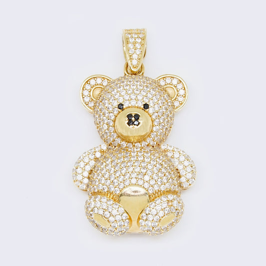 14K Black White Cubic Zirconia Teddy Bear Pendant