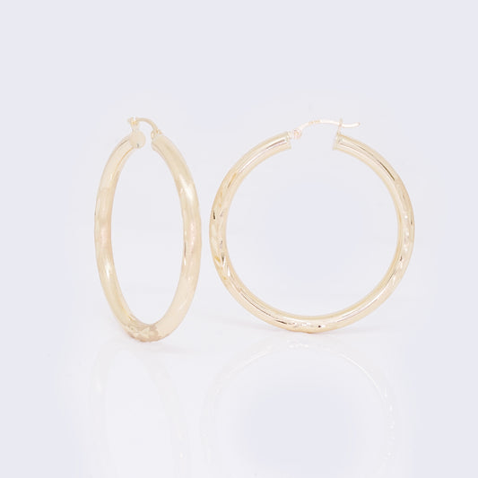 14K Leaf Textured Hoops 45mm