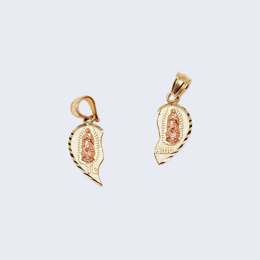 14K Gold Two Pieces Heart Virgen de Guadalupe "Te amo" Pendant Charm