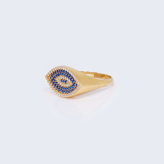 14K Gold Almond Shape Evil Eye Ring with Cubic Zirconia Stones