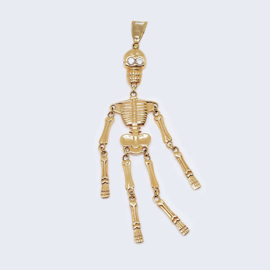 10K Gold Full Body Skeleton Pendant Charm with Zirconia Stones