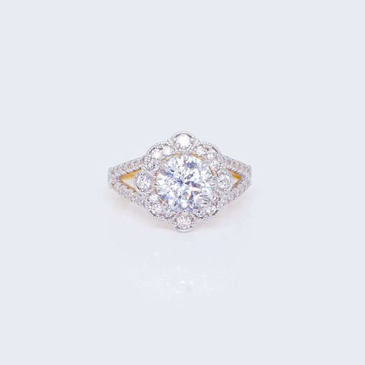 14K Flower Hollow Design Engagement Ring with Cubic Zirconia