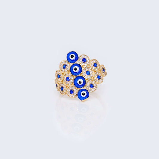 14K Gold Multi Evil Eye Ring with Cubic Zirconia Stones