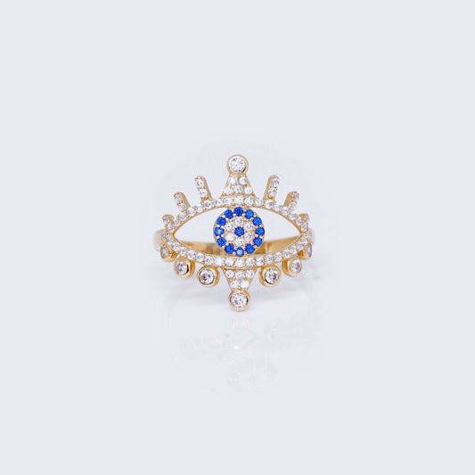 14K Gold Double Crown Evil Eye Ring with Cubic Zirconia Stones