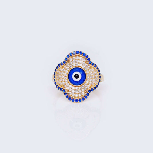 14K Gold Clover Evil Eye Ring with Cubic Zirconia Stones